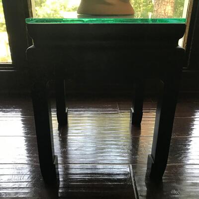 CHINOISERIE ROSES/BLACK LAQUER GLASS TOP SIDE TABLE