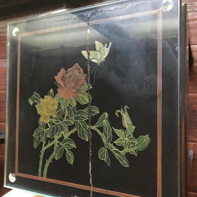 CHINOISERIE ROSES/BLACK LAQUER GLASS TOP SIDE TABLE