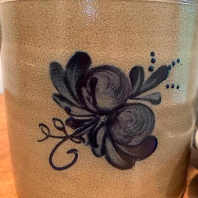 Lot 29: Vintage Rowe Pottery Bowl & Floral Cobalt Embellished Lidded Crock 