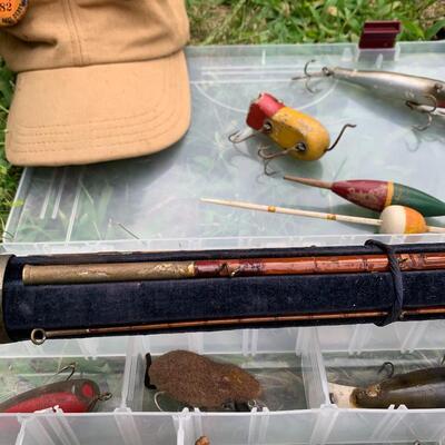 Lot 008: Antique Bamboo Fishing Pole, Vintage Lures, Fly-Fishing Badges & More