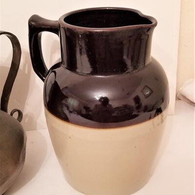 Lot #130 Lot of 3 pitchers - copper & stoneware
