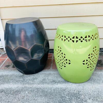 LOT 187  PAIR OF GARDEN STOOLS BROWN METAL & GREEN CERAMIC