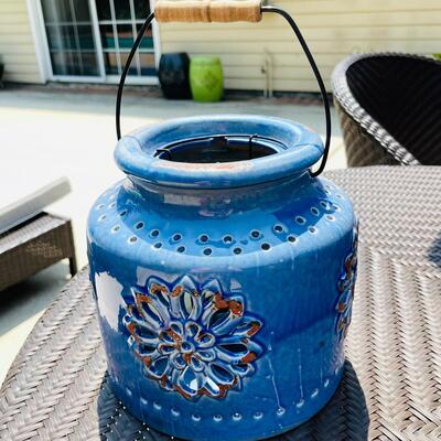 LOT 188  BLUE CERAMIC GARDEN LANTERN BAIL HANDLE