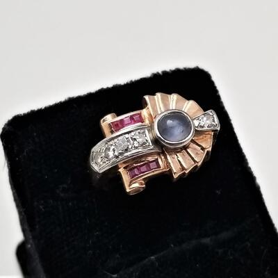 Lot #137  14kt Rose Gold Art Deco ring - Moonstone/diamonds - size 6.5