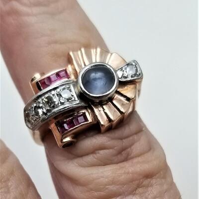 Lot #137  14kt Rose Gold Art Deco ring - Moonstone/diamonds - size 6.5