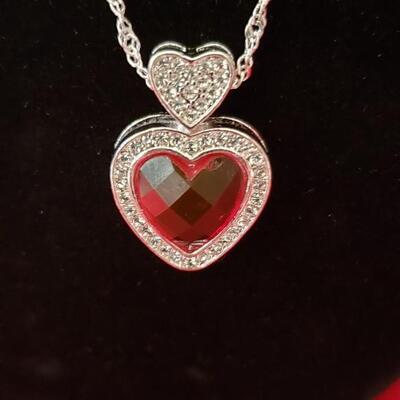 Sterling silver natural stoneruby and diamond   heart pendant and necklace 