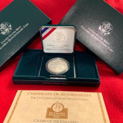 90% SILVER DOLLAR COLUMBUS QUINCENTENARY  WITH COA AND BOX