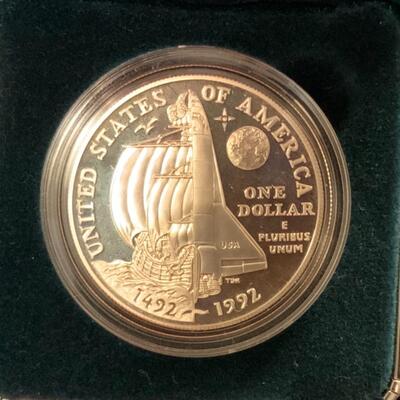 90% SILVER DOLLAR COLUMBUS QUINCENTENARY  WITH COA AND BOX