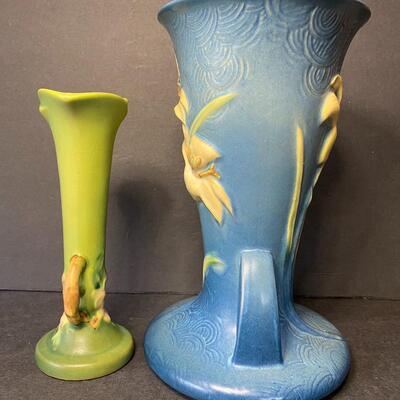 Lot 018: Roseville Zephyr Lily & Apple Blossom Pottery Vases