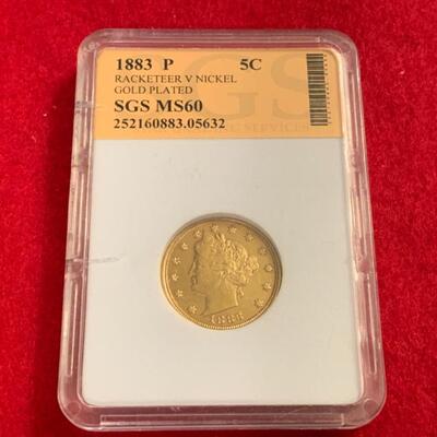1883 P GOLD RACKETEER V NICKEL MS60 