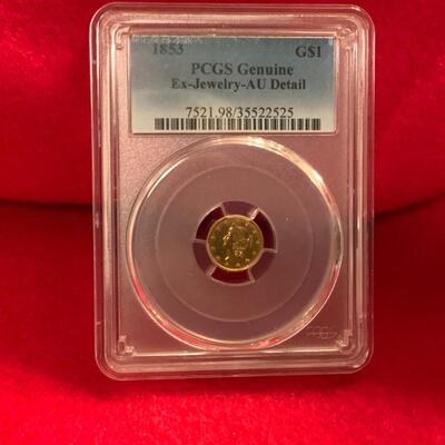 1853 SLABBED AND PCGS GRADED ALMOST UNCIRCULATED AU GOLD DOLLAR