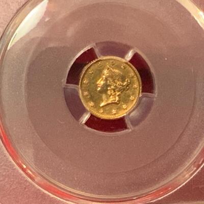 1853 SLABBED AND PCGS GRADED ALMOST UNCIRCULATED AU GOLD DOLLAR