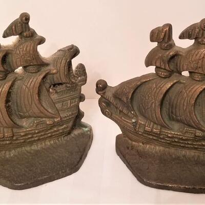 Lot #167  Vintage Pair of Heavy Metal Bookends - Sailing Ships