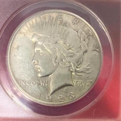 1923 S GRADED AND SLABBED PEACE 90% SILVER DOLLAR