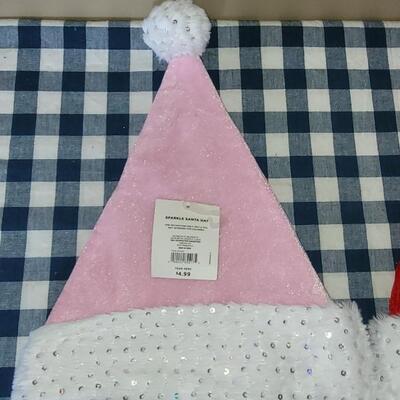 Lot 276: (2) New Santa Hats & Vintage Irish Linen 12 Days of Christmas Dish Towel 