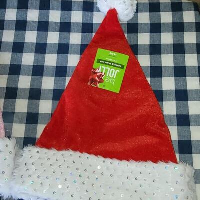 Lot 276: (2) New Santa Hats & Vintage Irish Linen 12 Days of Christmas Dish Towel 