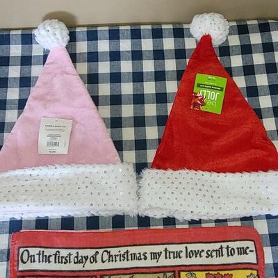 Lot 276: (2) New Santa Hats & Vintage Irish Linen 12 Days of Christmas Dish Towel 