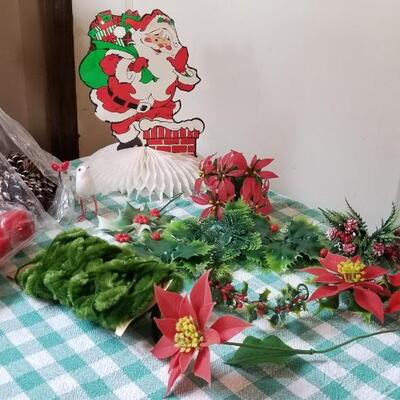 Lot 336: Christmas Lighted Poinsettias & Holly and Paper Santa with Folding Honeycomb 