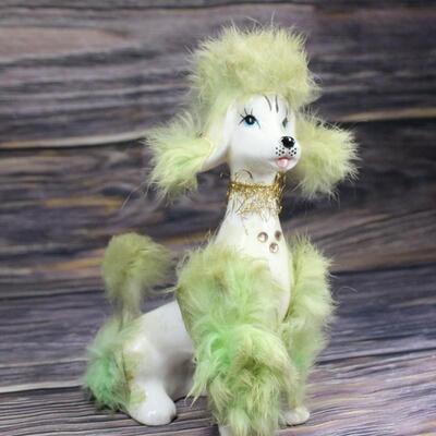 Vintage Ceramic Poodle Figurine w/ Green Faux Fur