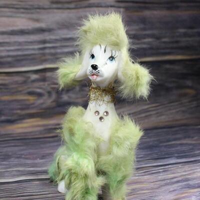 Vintage Ceramic Poodle Figurine w/ Green Faux Fur