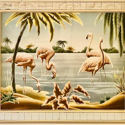 Lot 1 Vintage MCM Pink Flamingo Picture With Mirrored Frame Turner Style