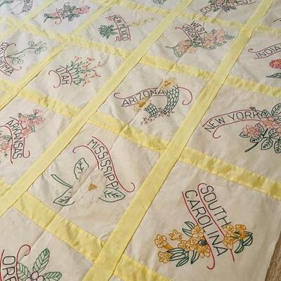 :Lot 8 Handmade Vintage Quilt Top With Embroidered US States Twin Bed Size