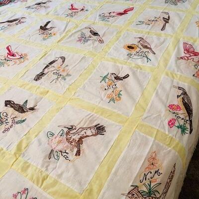 Lot 9 Vintage Handmade Quilt Top with Embroidered US State Birds Twin Bed Size