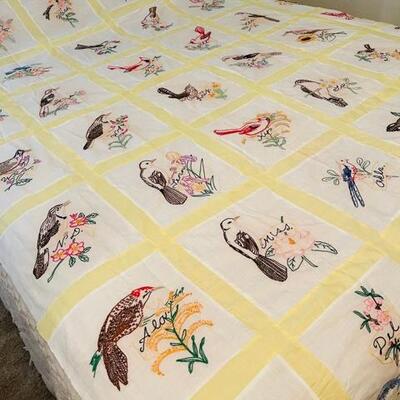 Lot 9 Vintage Handmade Quilt Top with Embroidered US State Birds Twin Bed Size