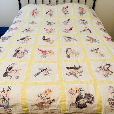 Lot 9 Vintage Handmade Quilt Top with Embroidered US State Birds Twin Bed Size