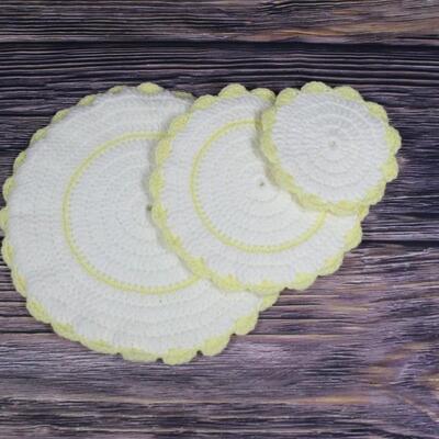 Set of 3 White & Yellow Crochet Knitted Doily Table Protectors