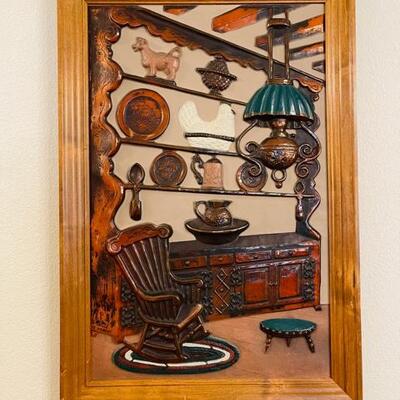 Lot 15 King of Kitsch 1970s 3-D Early American Framed Picture Oil Lamp Rocking Chair