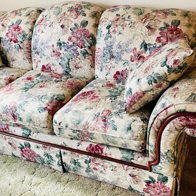 Lot 21 Floral Sofa 3 Cushions With Roll Over Arms & Wood Trim