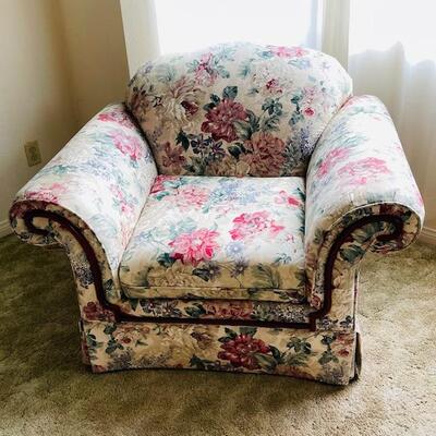 Lot 22 Floral Arm Chair Roll Over Arms with Wood Trim