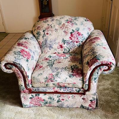 Lot 23 Floral Arm Chairs Roll Over Arms with Wood Trim