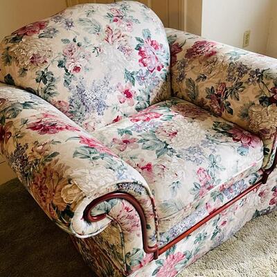 Lot 23 Floral Arm Chairs Roll Over Arms with Wood Trim