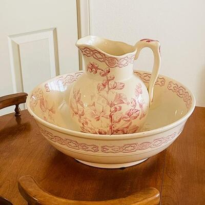 Lot 28 ST Antique Wash Bowl & Pitcher Red Transferware France
