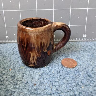 #30 Tiny Old Brown Drip Glaze Pottery Beer Steins