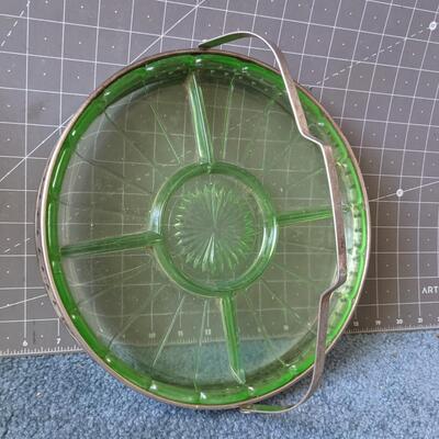 #75 Green Glass Relish Tray With Metal Handle