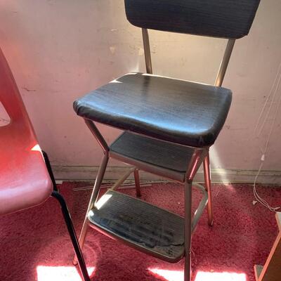 #145 Cosco Step Chair & Red Plastic Chair