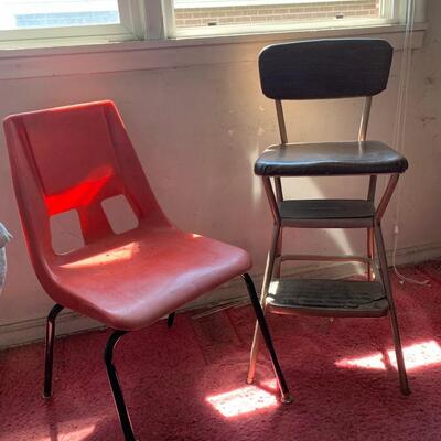 #145 Cosco Step Chair & Red Plastic Chair