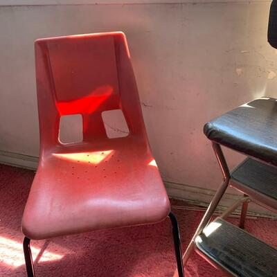 #145 Cosco Step Chair & Red Plastic Chair