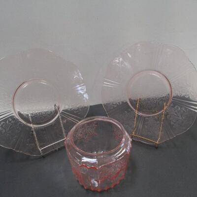 Lot 14 - Pink Crystal Etched Glass Dishes
