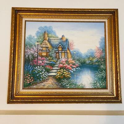 Lot 33 Framed Painting on Canvas Cottage with Garden Signed C. Jaffey