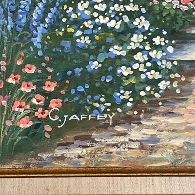 Lot 33 Framed Painting on Canvas Cottage with Garden Signed C. Jaffey