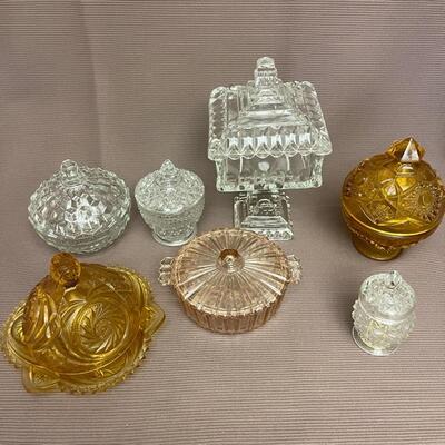 Lot 34 Collection 7 Vintage Glass Covered Candy Dishes Clear Amber