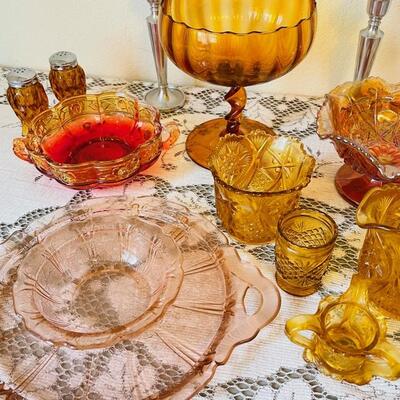 Lot 35  Group 13pcs Vintage Glassware Bowls Plates Carnival Depression + Pr Pewter Candles