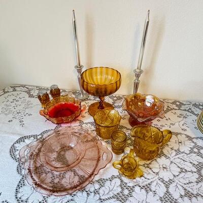 Lot 35  Group 13pcs Vintage Glassware Bowls Plates Carnival Depression + Pr Pewter Candles