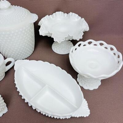 Lot 36 Group 8pcs Vintage Hobnail Milk Glass Covered Biscuit Jar Ruffled & Pierced Edges