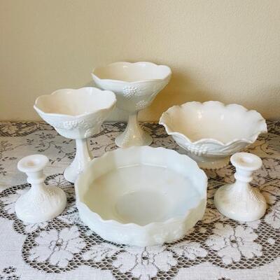 Lot 37 Group White Milk Glass Grape Pattern 6pcs FireKing Bowl Compotes