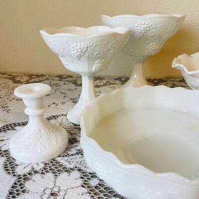 Lot 37 Group White Milk Glass Grape Pattern 6pcs FireKing Bowl Compotes